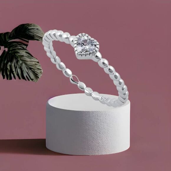 Sterling Silver Beaded Clear Heart CZ Ring 6,7 - Picture 3 of 9